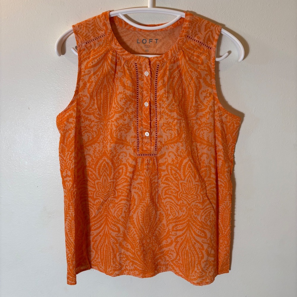 LOFT Orange Paisley Sleeveless Button Front Lace Trim Top Size XS